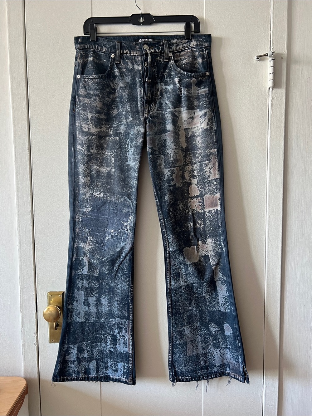 Adaptation Hand Dyed Bleach Block Printed Bootcut Split Seam Boyfriend Jeana
